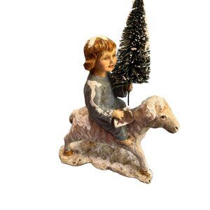 Bethany Lowe Primitive Folk Art Child on Sheep w/ Bottle Brush Tree Christmas 10